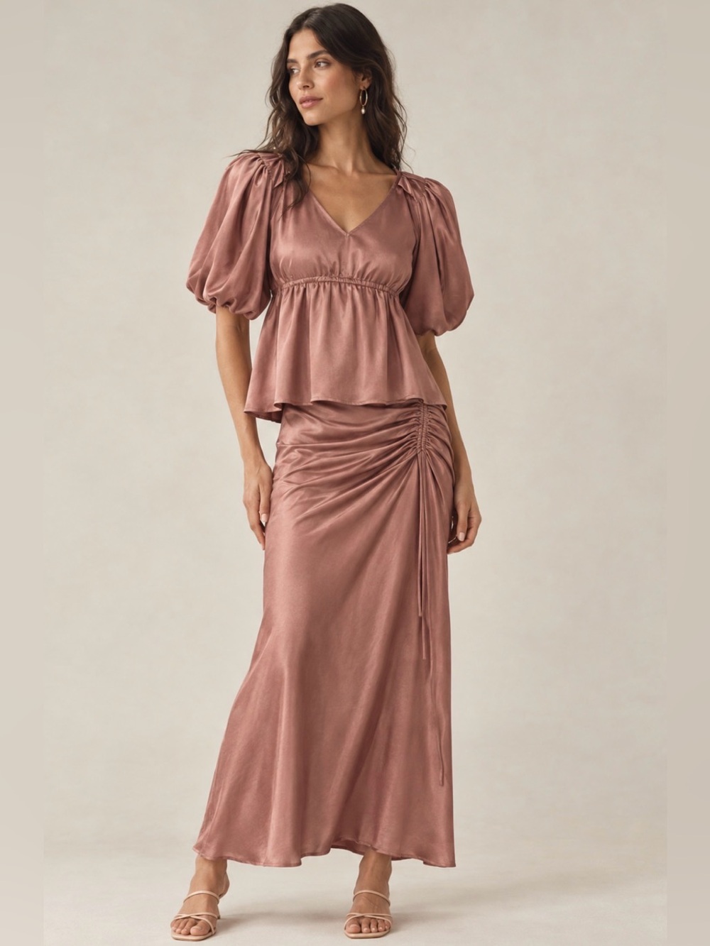 ADOR Satin Rosa skirt set 2 Piece Peplum Shirred Sz L new